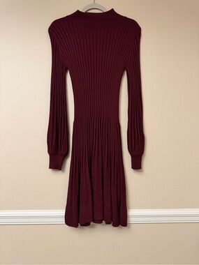 Max Studio Long Sleeve Ribbed Fit-and-Flare Dress in Burgundy